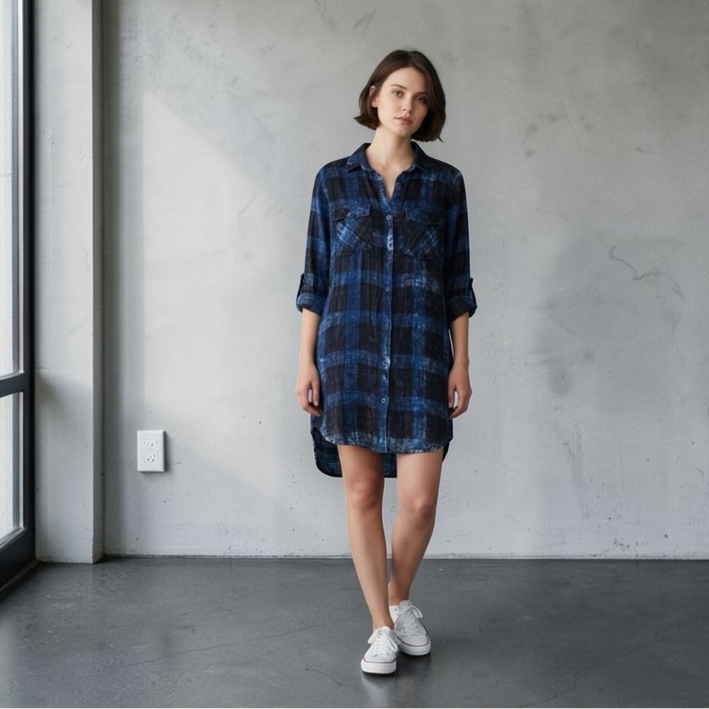 Anthropologie Cloth & Stone Navy and Black Checkered Gauze Shirt Dress S #1968